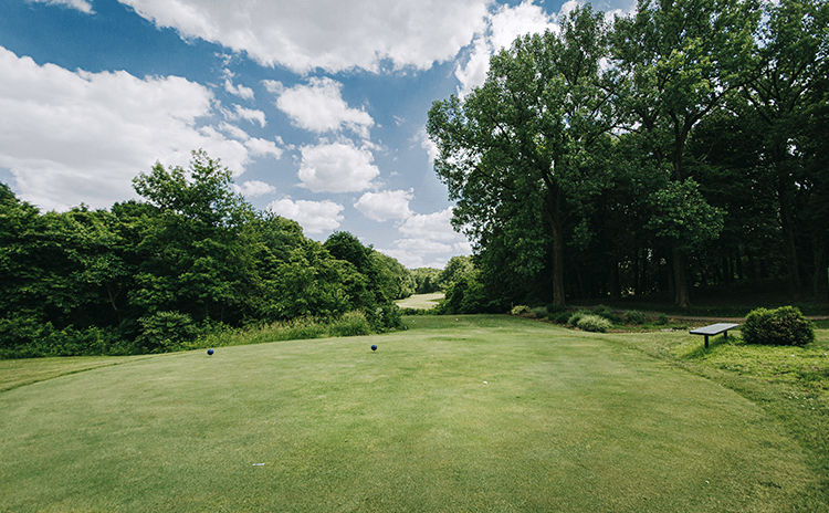 Golf course green beneath blue sky with clouds